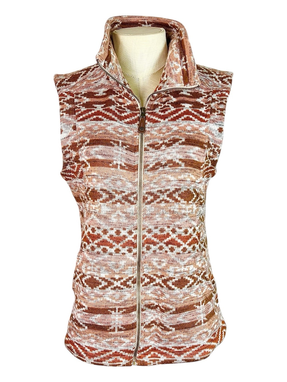 Sherpa Adventure Gear Womens Peach Rust Fair Isle Full Zip Sweater Vest Medium